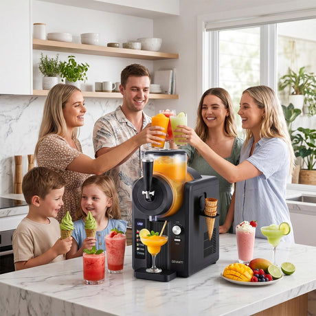 Dimension diagram of the slushie machine, 38 x 21.5 x 44 cm