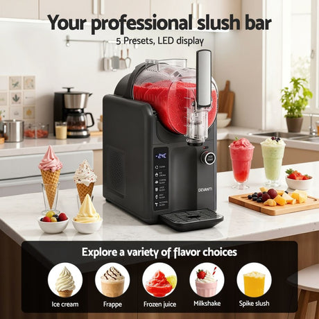 Fruit slush served in a glass beside the slushie machine