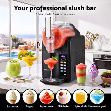 Slushie machine on a kitchen bench with cocktail slush served alongside