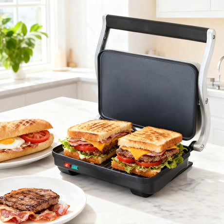 Stainless steel 3 in 1 sandwich maker and grill closed, front view