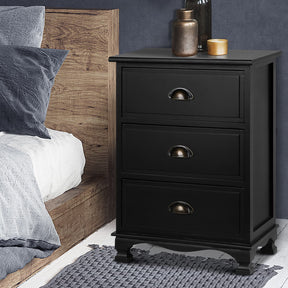 Barcelos vintage black bedside table with three drawers and curved accents