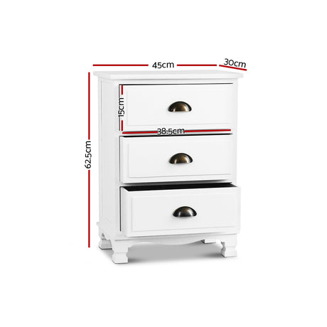 Uralba 3 Drawer Vintage Bedside Table, White