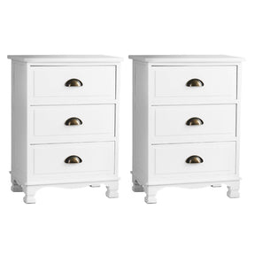 Uralba 3 Drawer Vintage Bedside Table, White 2pcs