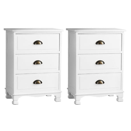 Uralba 3 Drawer Vintage Bedside Table, White 2pcs