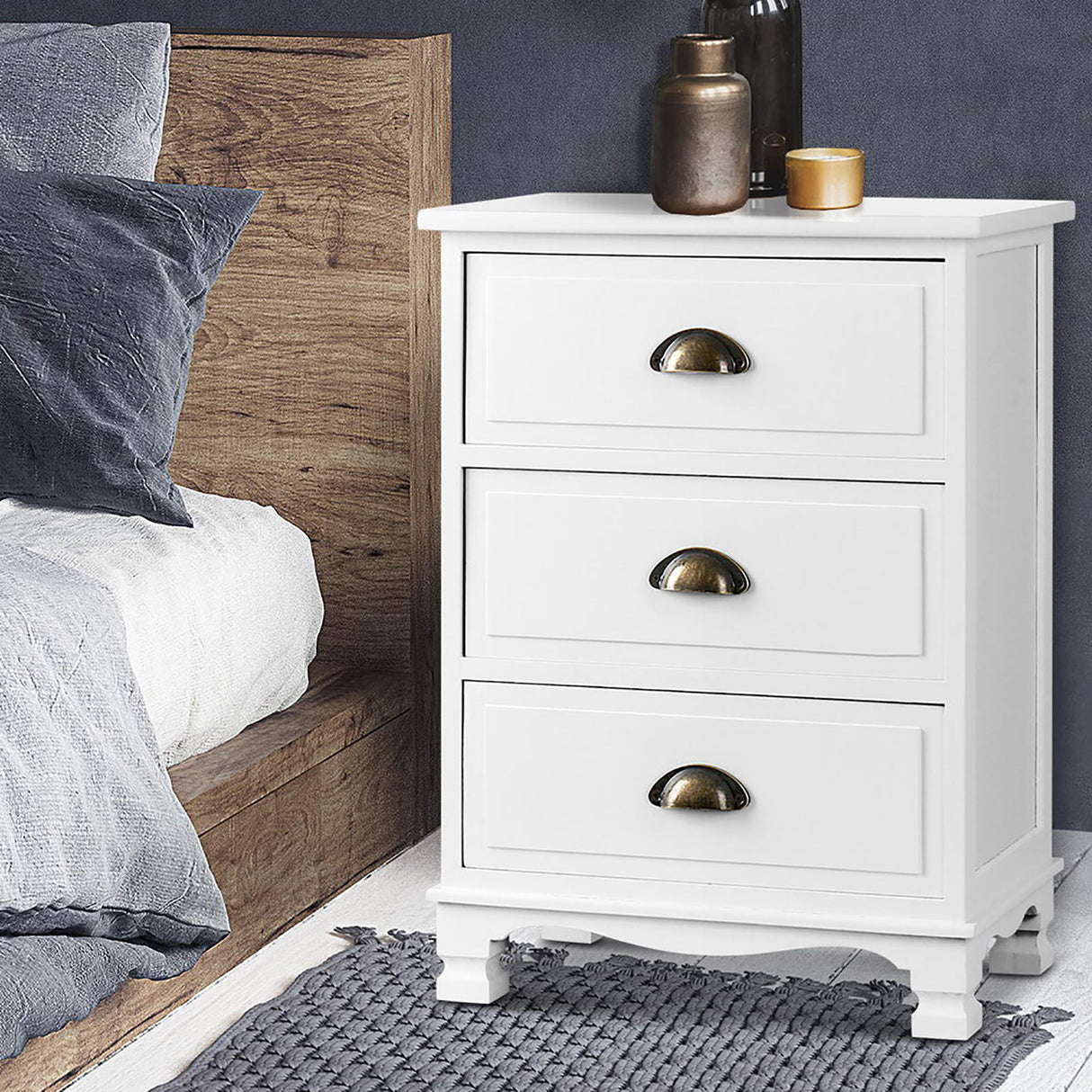 Uralba 3 Drawer Vintage Bedside Table, White 2pcs