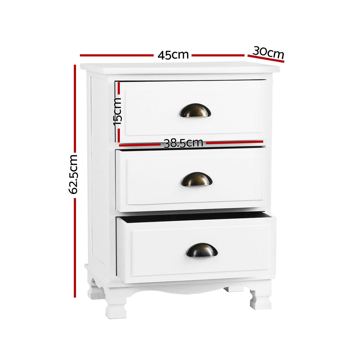 Uralba 3 Drawer Vintage Bedside Table, White 2pcs