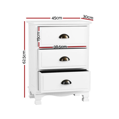 Uralba 3 Drawer Vintage Bedside Table, White 2pcs
