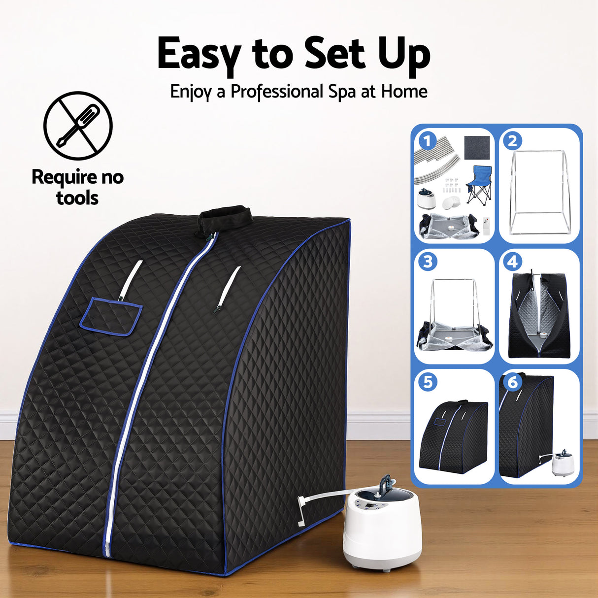Tool free metal frame assembly for the portable steam sauna tent