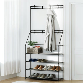Pierce black shoe rack hall tree holding 16 pairs with coat hanging in an entryway