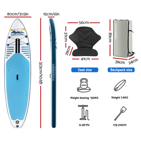 Inflatable Stand Up Paddle Board and Kayak, 10.6ft Blue, view 2
