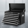 Black 10 drawer steel tool chest with open drawers in a garage workshop
