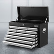 Grey 10 drawer steel tool chest with open drawers in a garage workshop