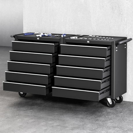 Caerphilly Tool Chest Trolley, 10 Drawer, Steel, Black