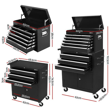 12 Drawer Tool Chest and Trolley Cabinet Black