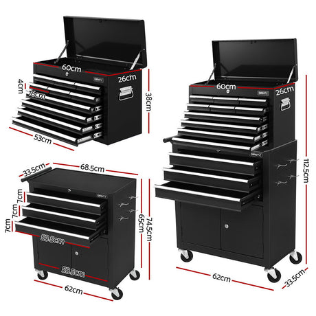 13 Drawer Tool Chest and Trolley Cabinet Black