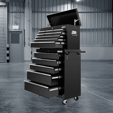 Tool Cabinet Chest Trolley, 14 Drawers Black