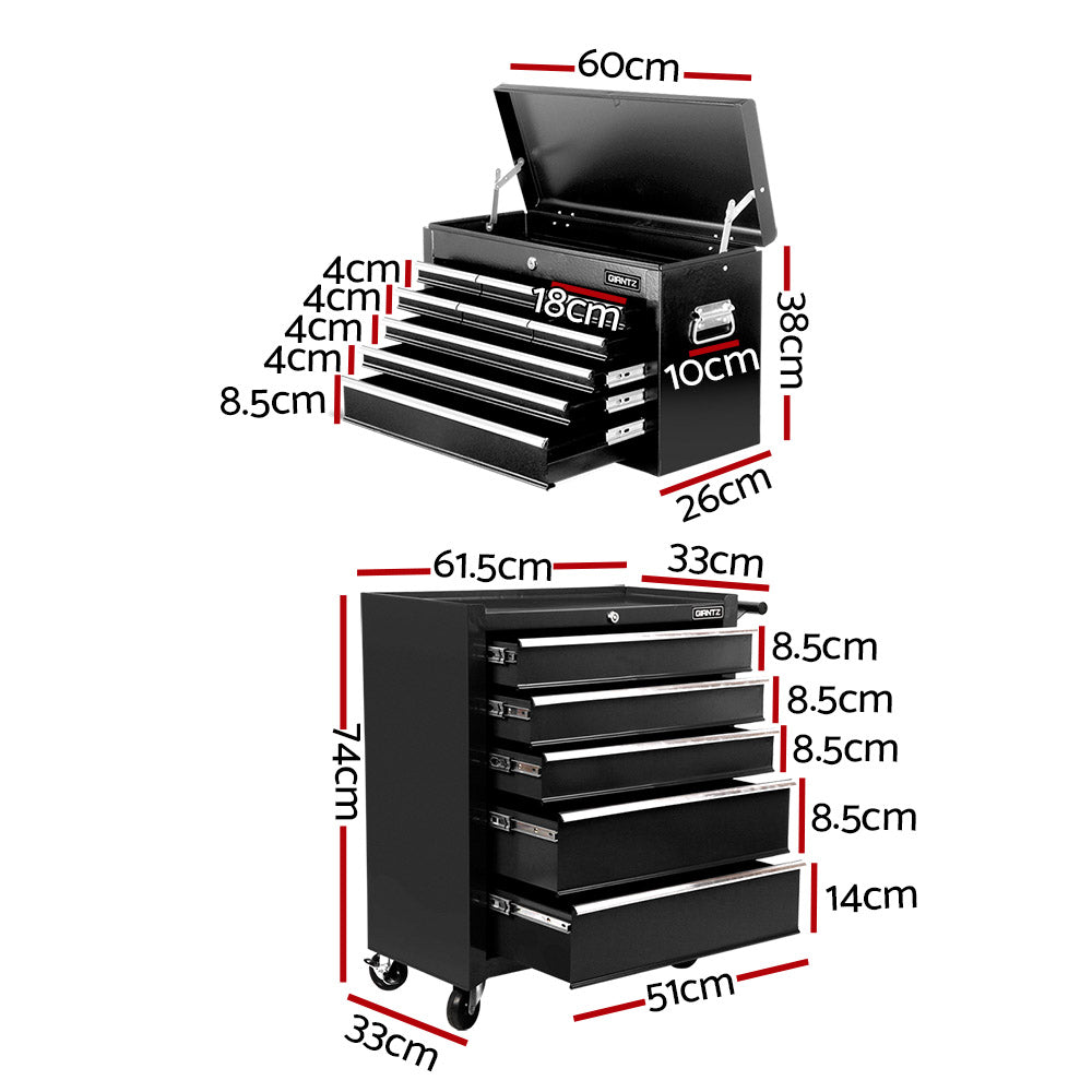 Tool Cabinet Chest Trolley, 14 Drawers Black