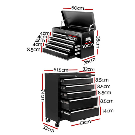 Tool Cabinet Chest Trolley, 14 Drawers Black