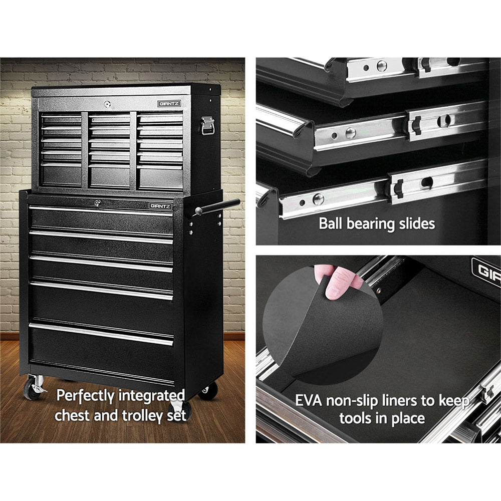 Tool Cabinet Chest Trolley, 14 Drawers Black