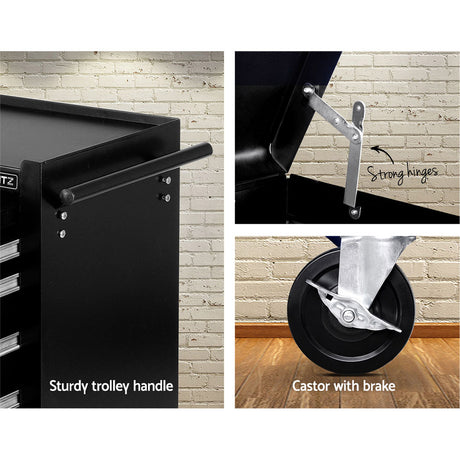 Tool Cabinet Chest Trolley, 14 Drawers Black