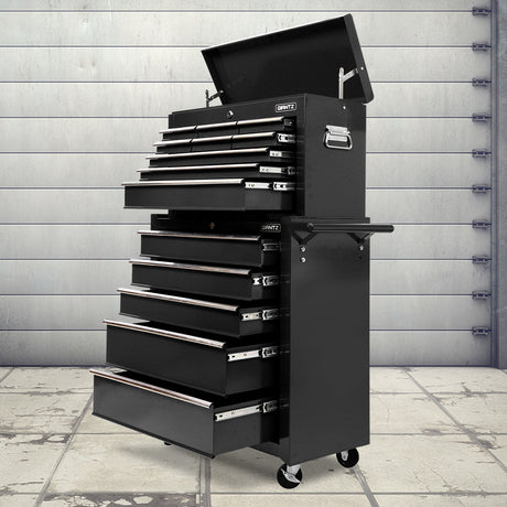 Tool Cabinet Chest Trolley, 14 Drawers Black