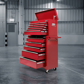 Red 14 drawer steel tool chest with open drawers in a garage workshop