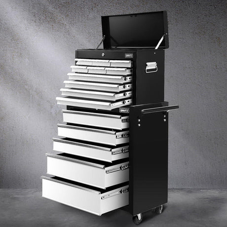 Tredegar Tool Chest 2 in 1, 15 Drawer, Steel, Black and Grey