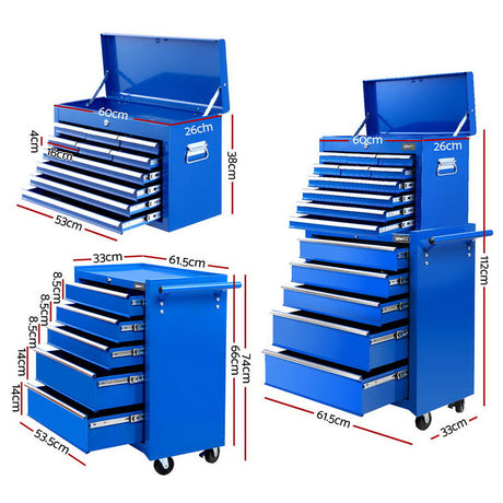 Ebbw Tool Chest 2 in 1, 15 Drawer, Steel, Blue