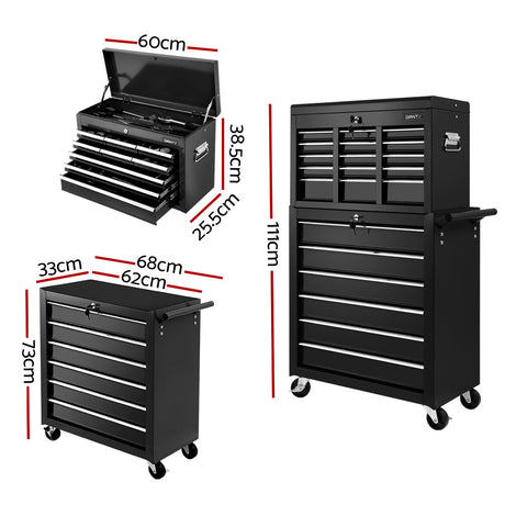 15 Drawer Tool Chest and Trolley Combo Black