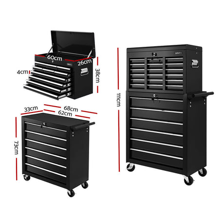 Tool Cabinet Chest Trolley, 16 Drawers Black 68cm