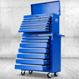 Blue 17 drawer steel tool chest with open drawers in a garage workshop
