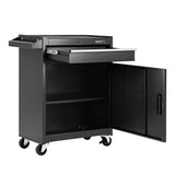 Black steel tool trolley with a drawer and lower cabinet