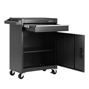 Black steel tool trolley with a drawer and lower cabinet