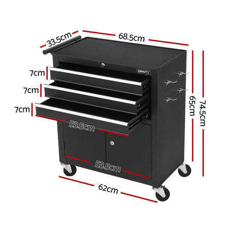3 Drawer Tool Cabinet with Wheels and Pegboard Black