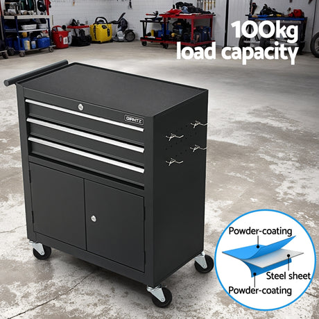 3 Drawer Tool Cabinet with Wheels and Pegboard Black