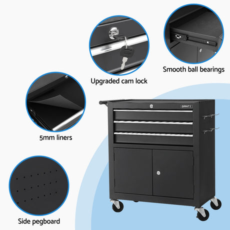 3 Drawer Tool Cabinet with Wheels and Pegboard Black