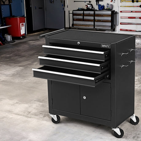 3 Drawer Tool Cabinet with Wheels and Pegboard Black