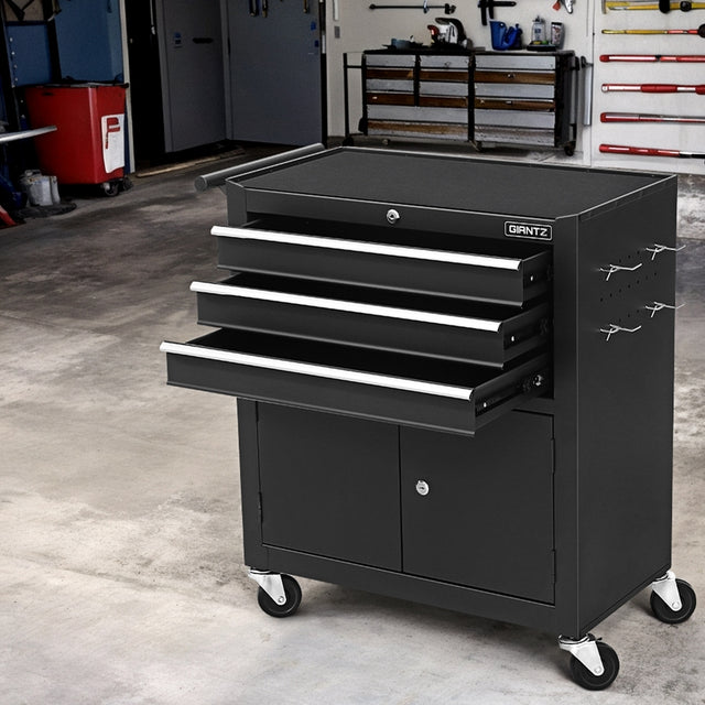 3 Drawer Tool Cabinet with Wheels and Pegboard Black