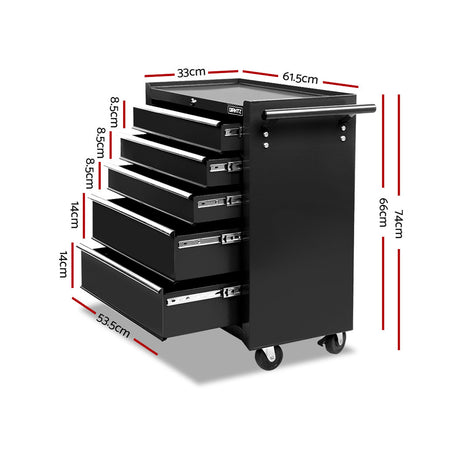 5 Drawer Roller Tool Cabinet Trolley Black