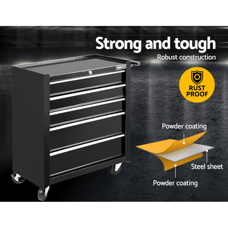 5 Drawer Roller Tool Cabinet Trolley Black