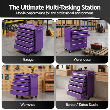 Clitheroe Tool Chest Trolley, 5 Drawer, Steel, Purple