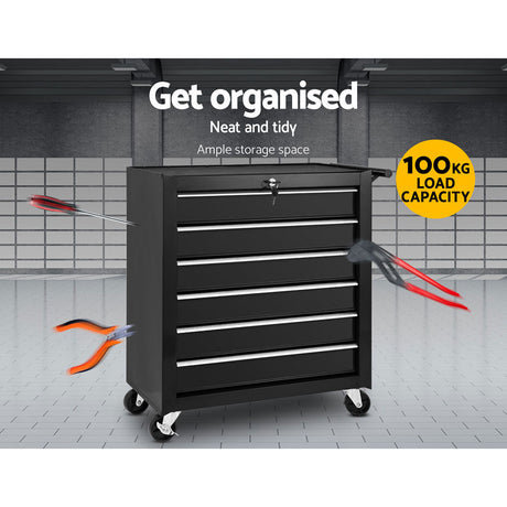 6 Drawer Rolling Tool Cabinet Trolley Black - view 3
