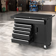 6 drawer steel tool chest with open drawers in a garage workshop
