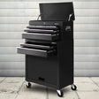 Black steel tool chest and rolling trolley set organising tools in a workshop