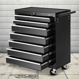 Black 7 drawer steel tool trolley on castors in a garage workshop