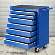 Blue 7 drawer steel tool trolley on castors in a garage workshop