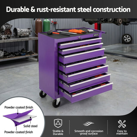 Merthyr Tool Chest Trolley, 7 Drawer, Steel, Purple