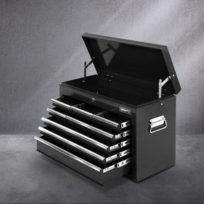 Black 9 drawer steel tool chest with open drawers in a garage workshop