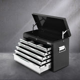 Grey 9 drawer steel tool chest with open drawers in a garage workshop
