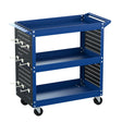 Newton blue three tier steel tool cart with side pegboard and screwdriver bay